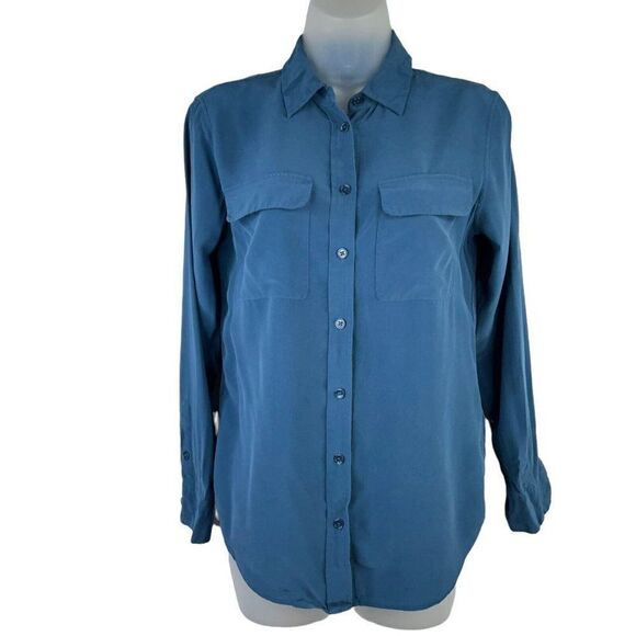 Equipment Blue Silk Button Down Shirt Blouse XS Long Sleeve Front Pockets - Picture 1 of 9